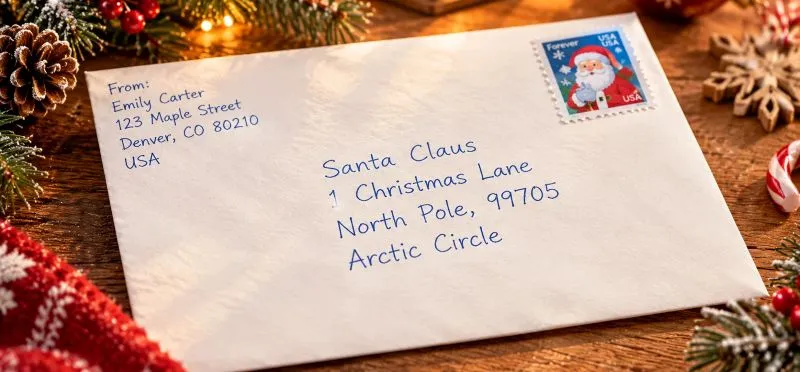 Example of a correctly formatted envelope sent to Santa Claus address