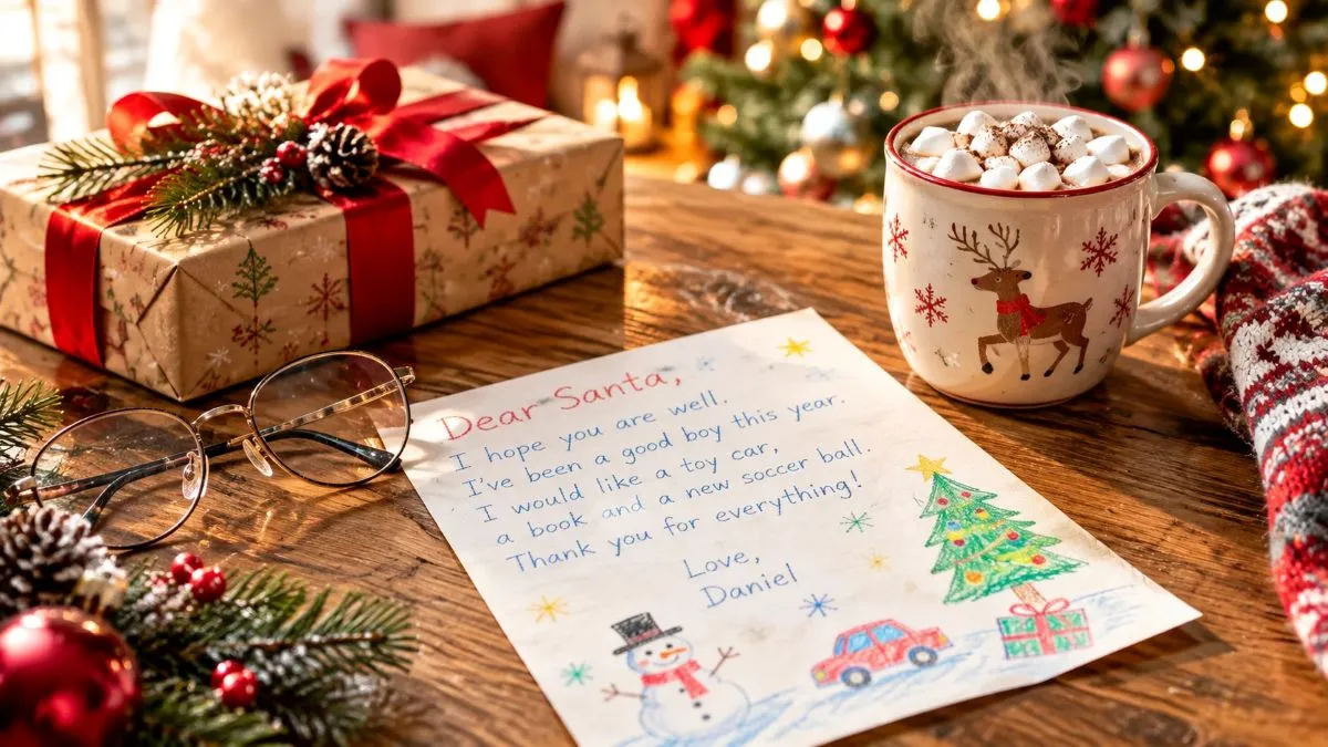 Child writing a letter to Santa Claus for the 2026 holiday season