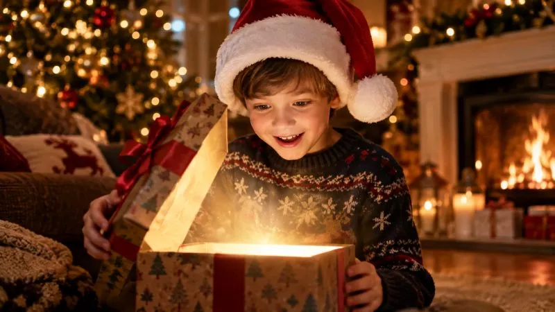 Child opening a magical reply letter from Santa Claus North Pole